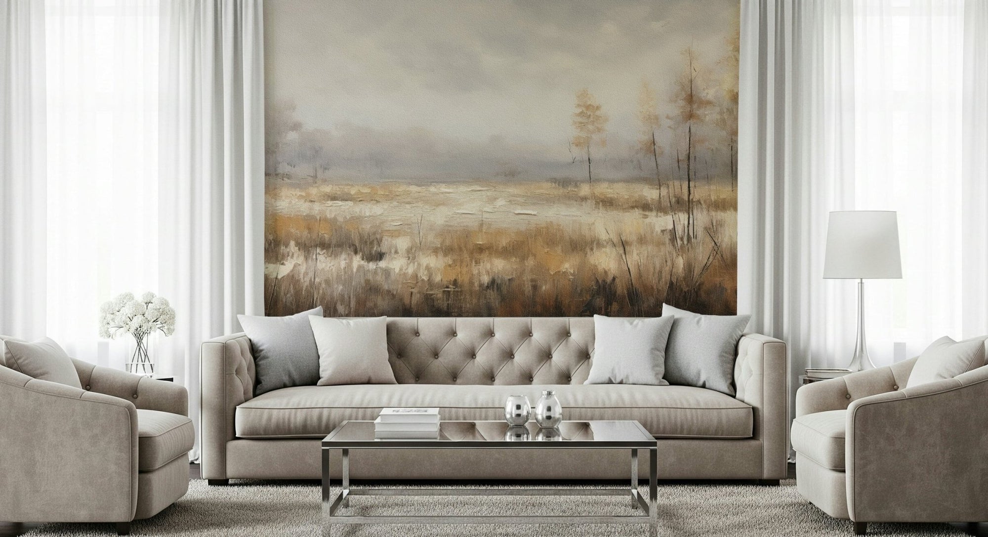 A beautiful ethereal meadow wallpaper mural with soft autumnal colors., GD5654