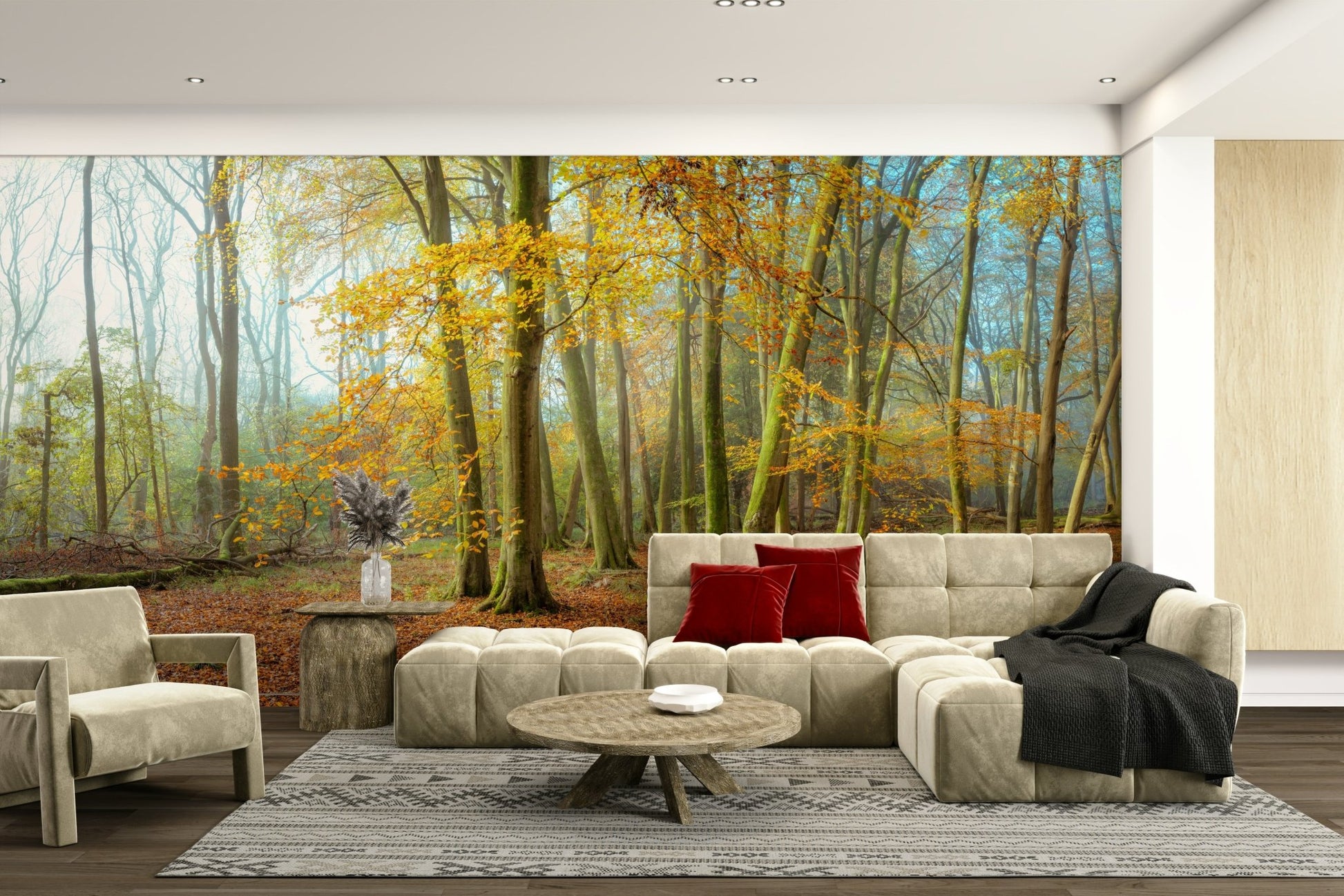 Soft fog and golden autumn leaves create a serene atmosphere

