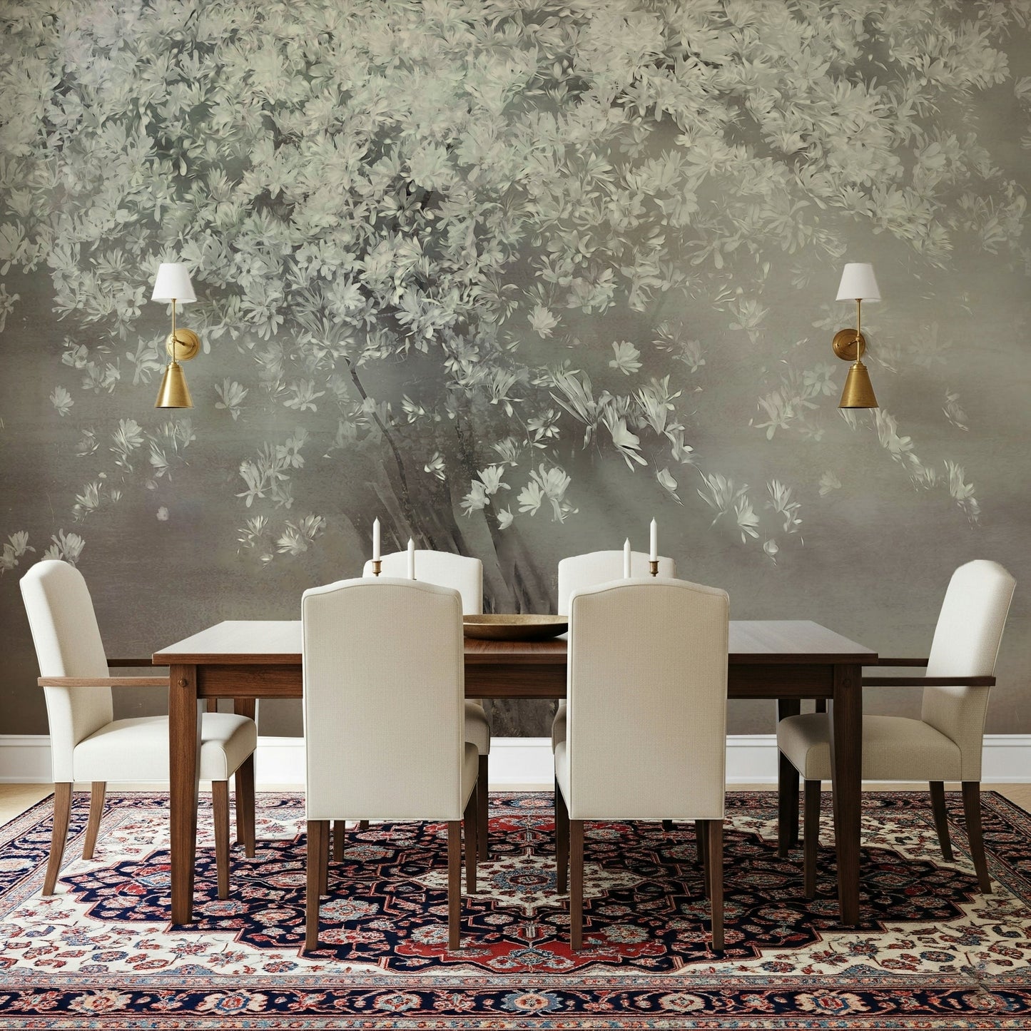 An artistic soft focus tree mural on minimalist wallpaper., GD5613
