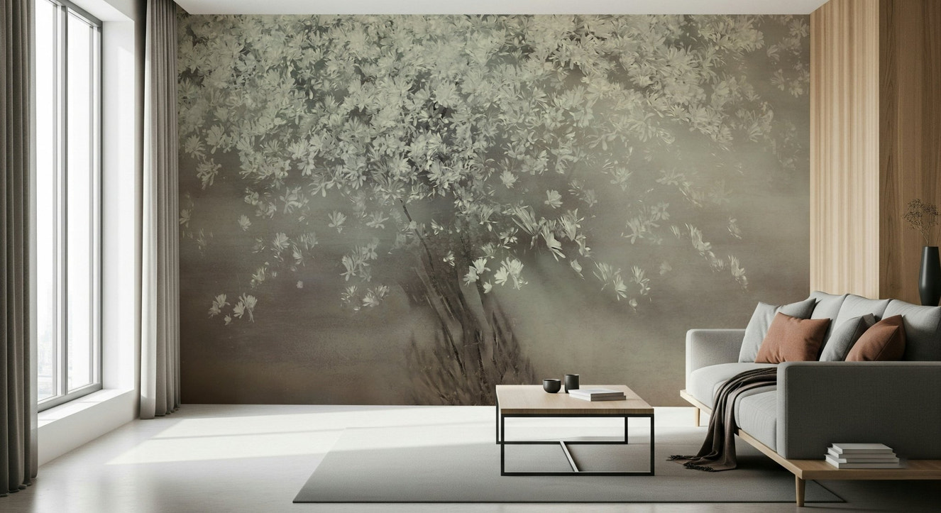 A beautiful ethereal bloom tree wallpaper mural with delicate, dreamy flowers.