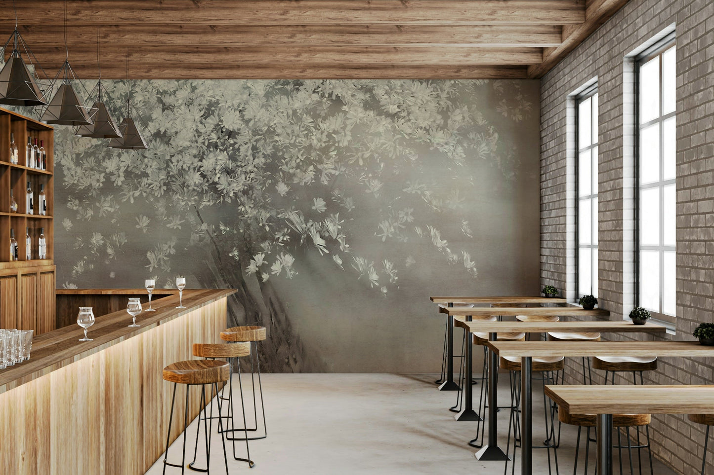 A calming floral design wallpaper mural that defines a space., GD5613