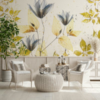 A peaceful flower design mural on decorative wallpaper.