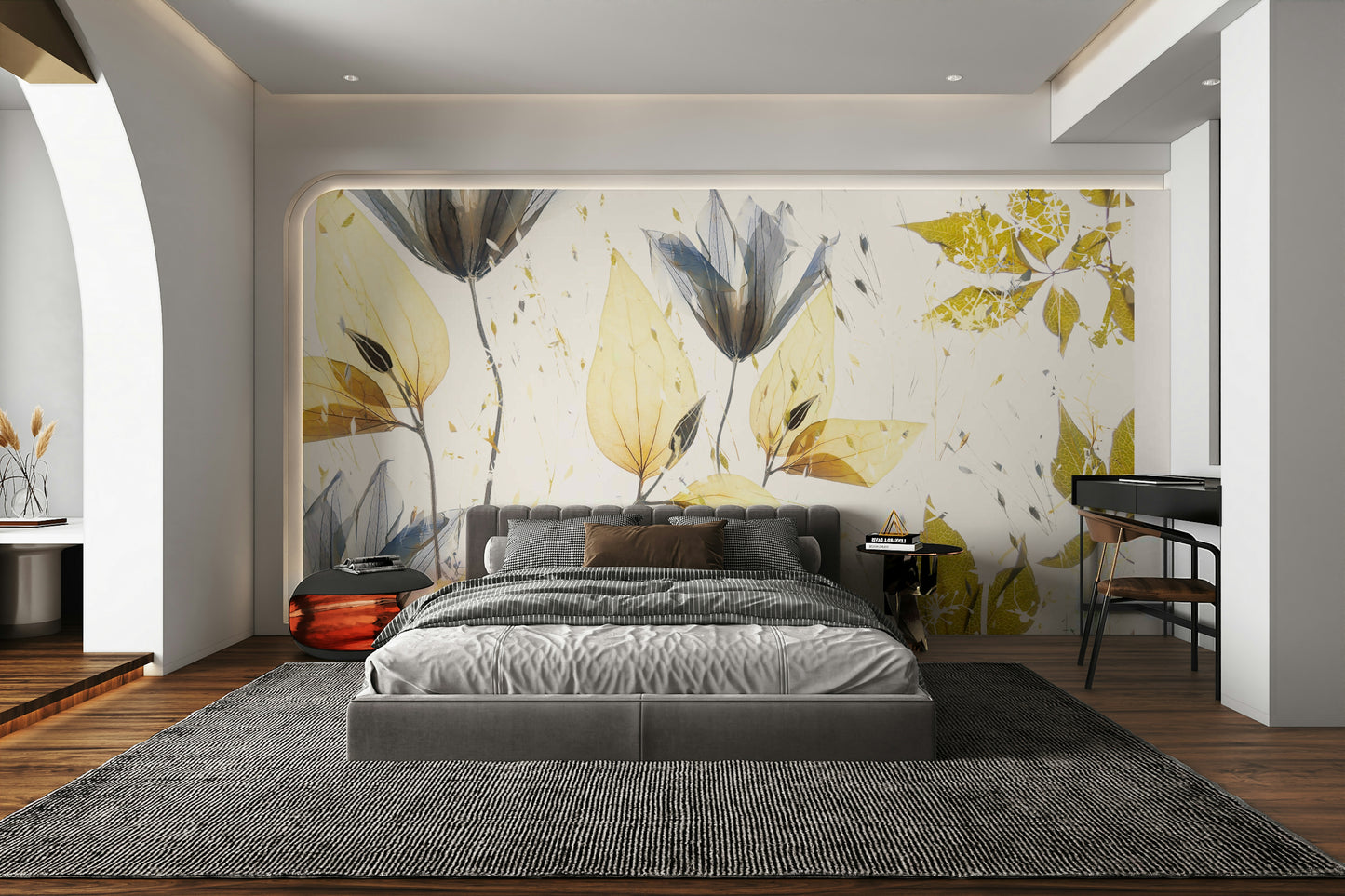 A graceful subtle bloom wall mural in soft, elegant tones.