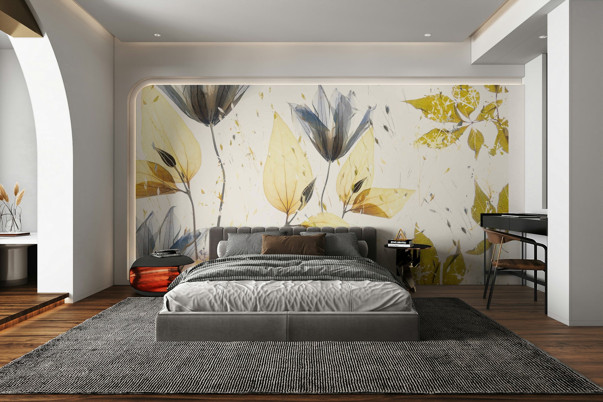 A graceful subtle bloom wall mural in soft, elegant tones.
