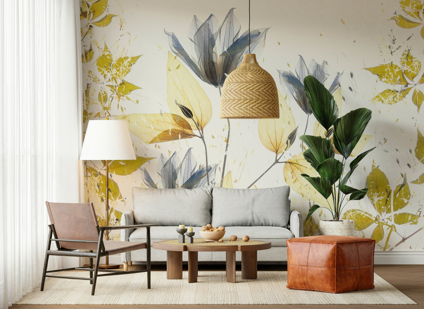 An artistic delicate bloom mural on minimalist wallpaper.