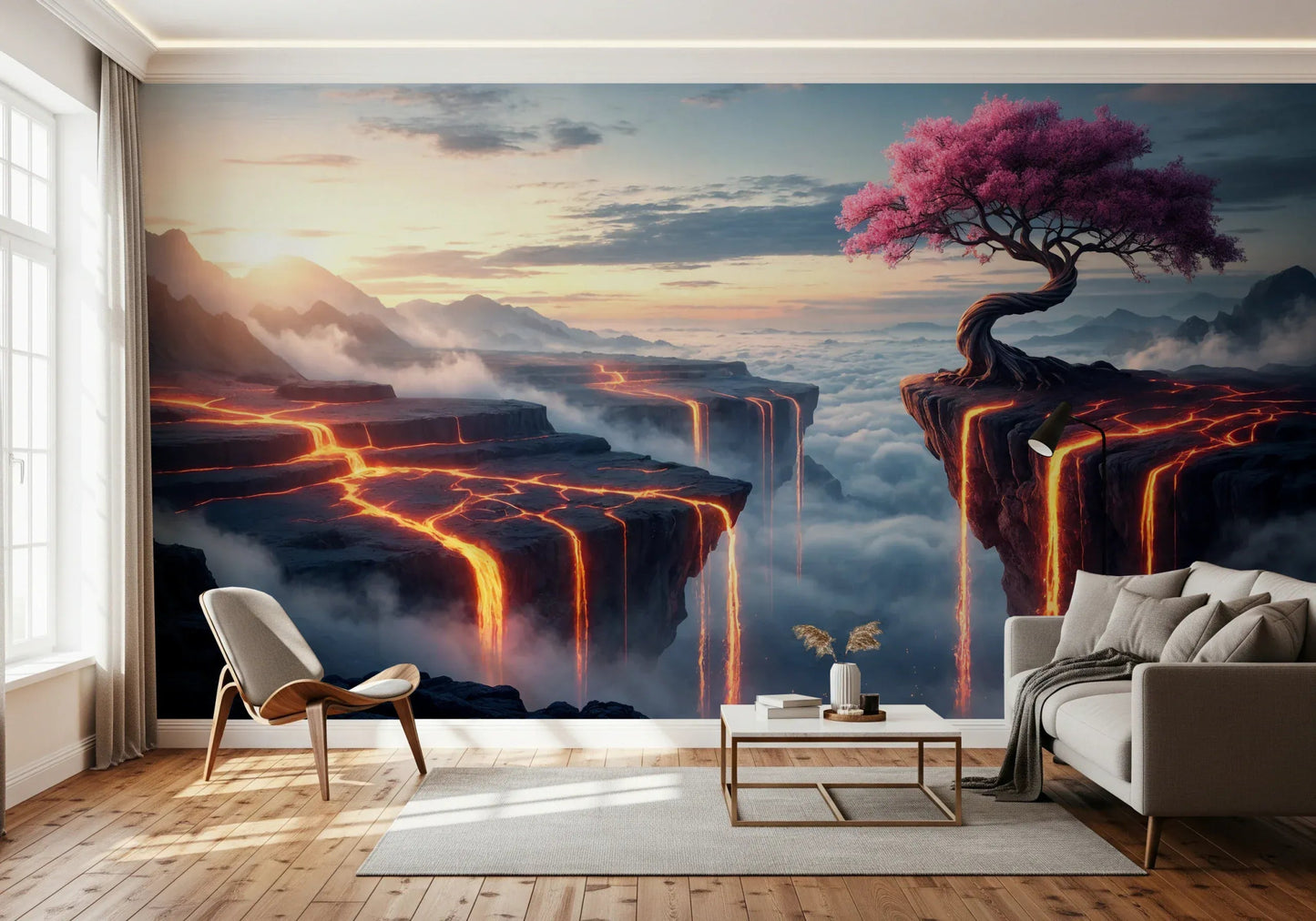 Ethereal Bloomscape mural with pastel flowers in a modern dining area.