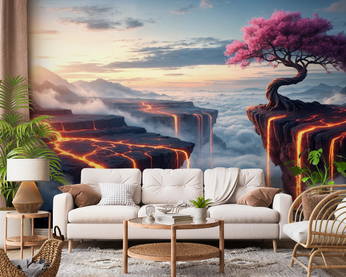 Ethereal Bloomscape floral mural in a minimalist living room setting.