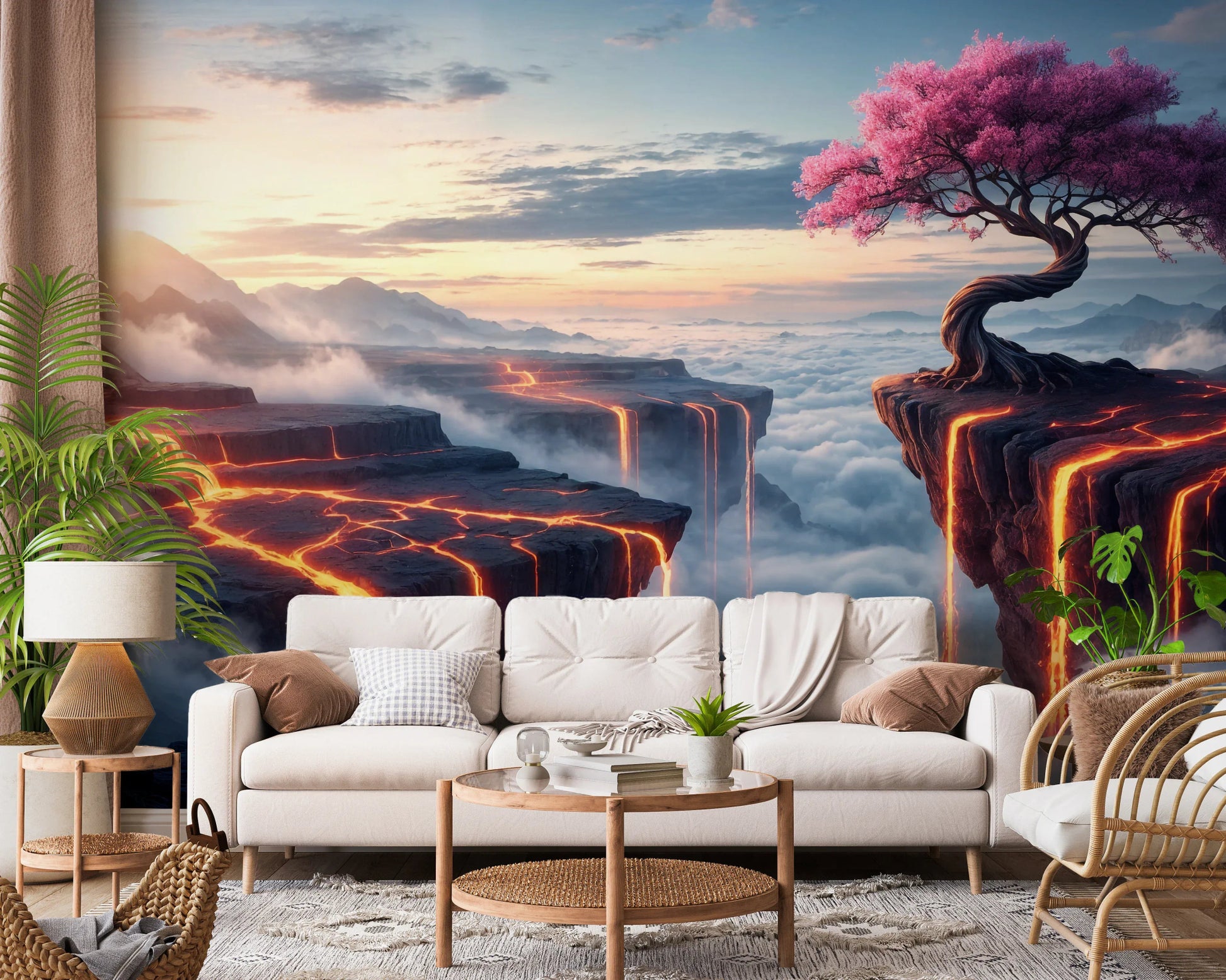 Ethereal Bloomscape floral mural in a minimalist living room setting.