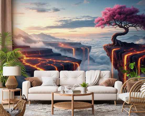 Ethereal Bloomscape floral mural in a minimalist living room setting., GD8004