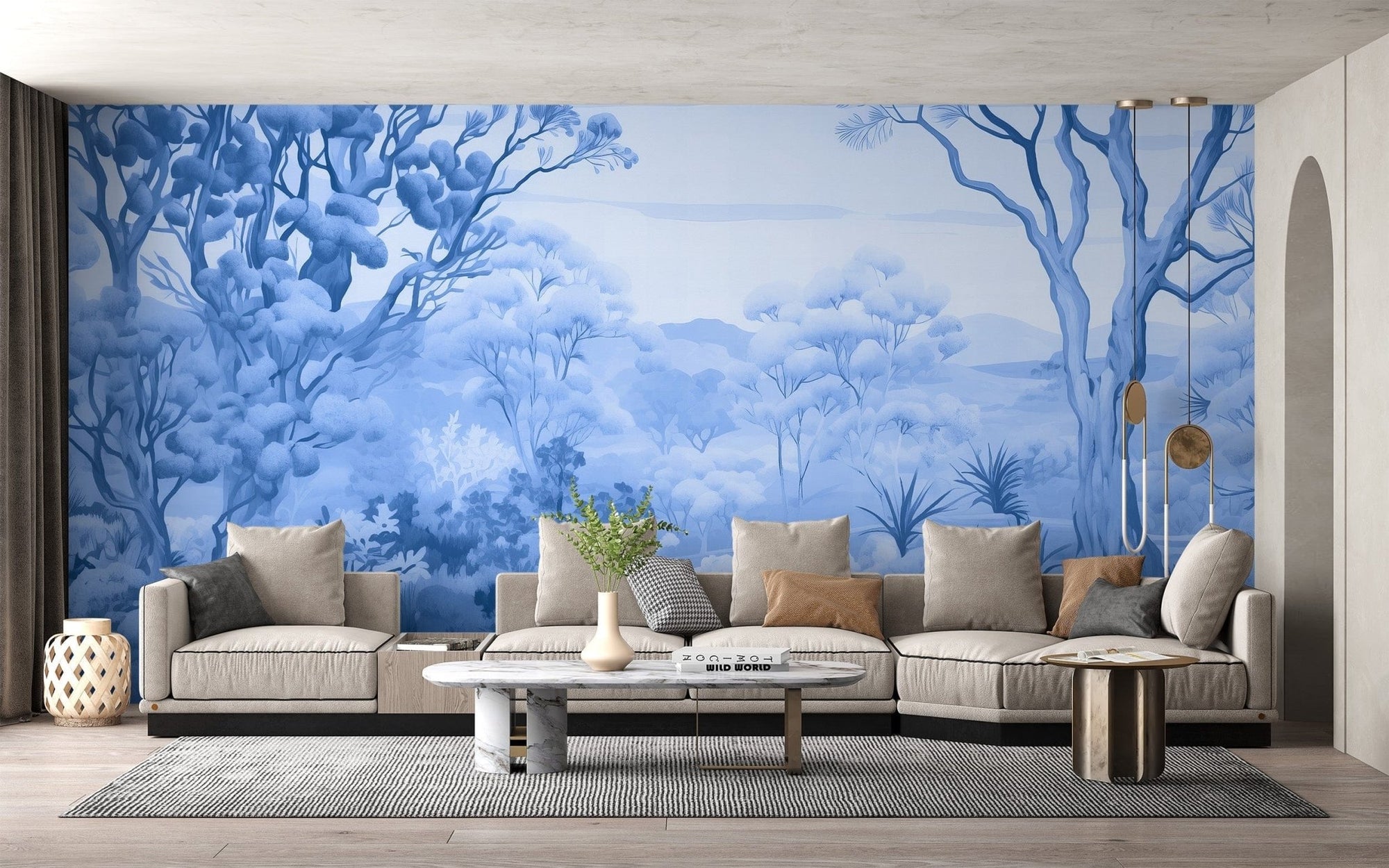 Autumn forest blue color wallpaper mural for a serene, seasonal vibe. DTIL27