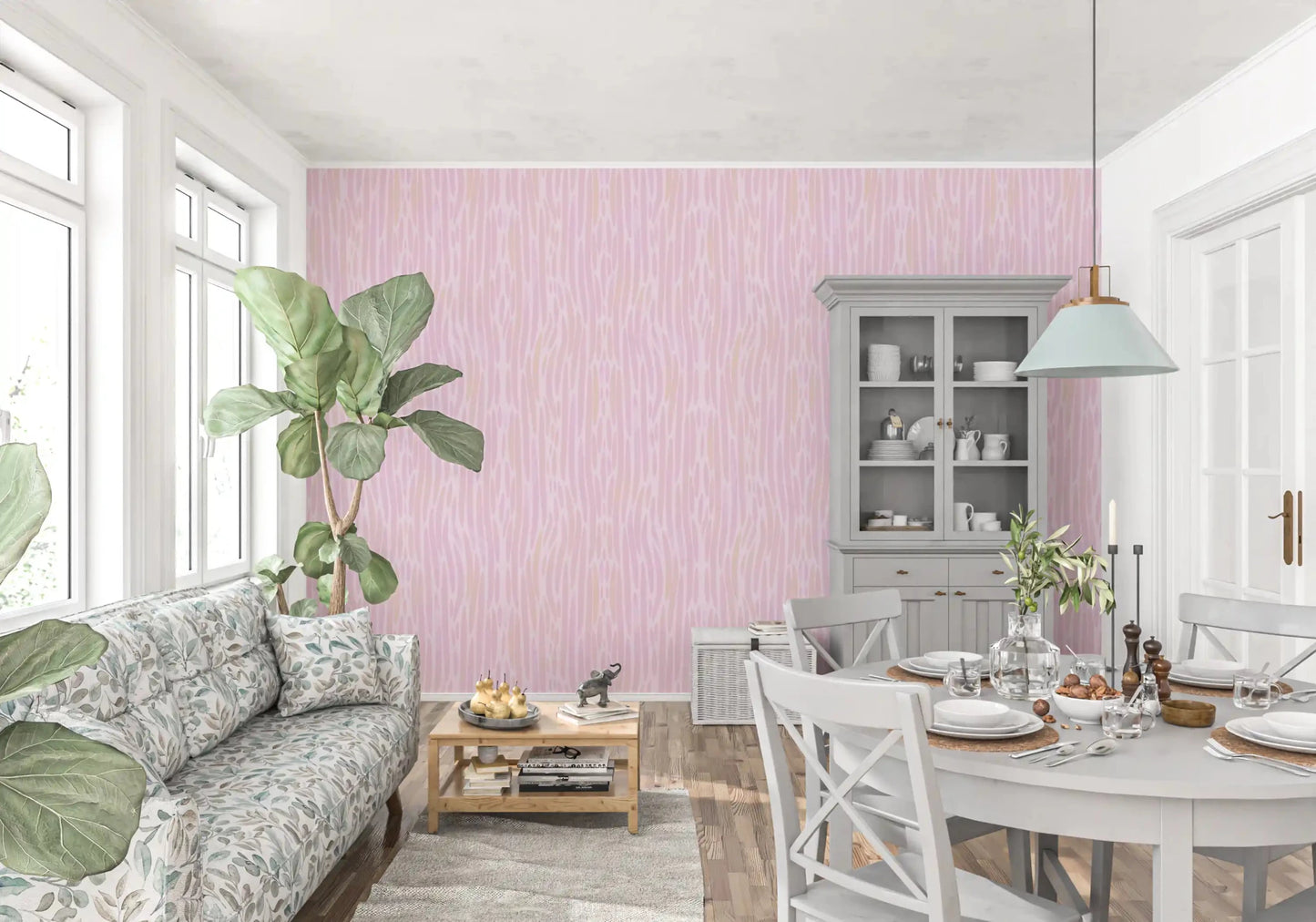 A Dining room reads warmer behind the rippled lines of Ethereal Blush wallpaper.⁠GD9524