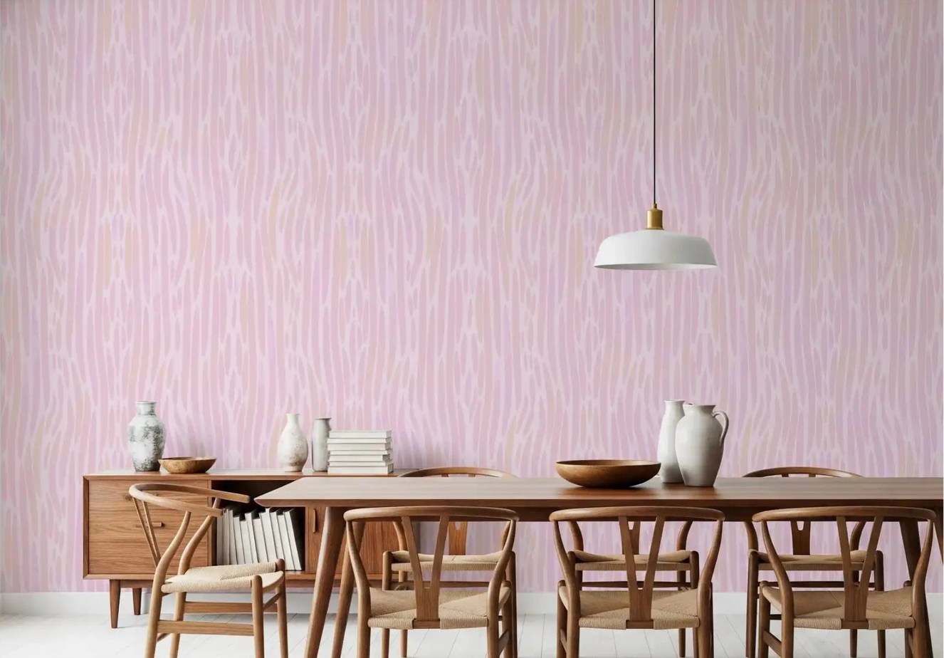 Pale rose tones wash across the dining room through this Ethereal Blush Strokes wallpaper.⁠GD9524