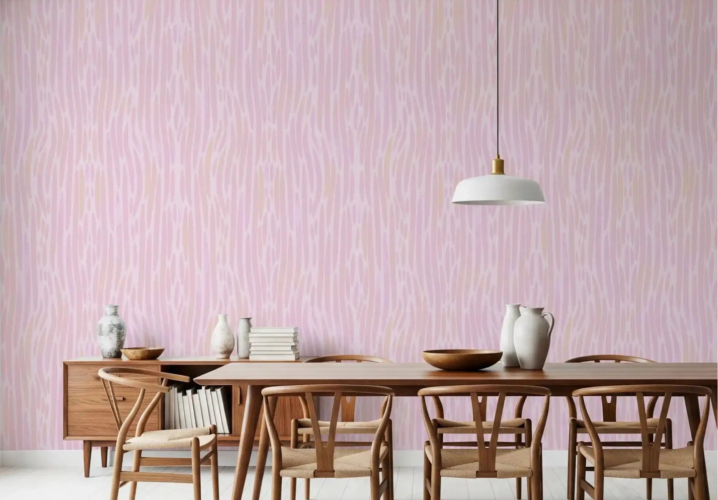Pale rose tones wash across the dining room through this Ethereal Blush Strokes wallpaper.⁠GD9524