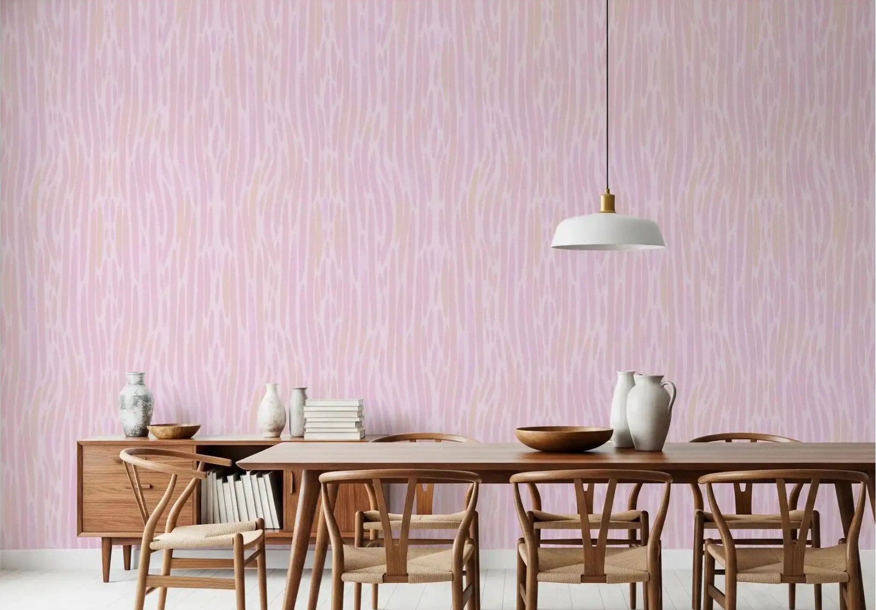 Pale rose tones wash across the dining room through this Ethereal Blush Strokes wallpaper.⁠GD9524