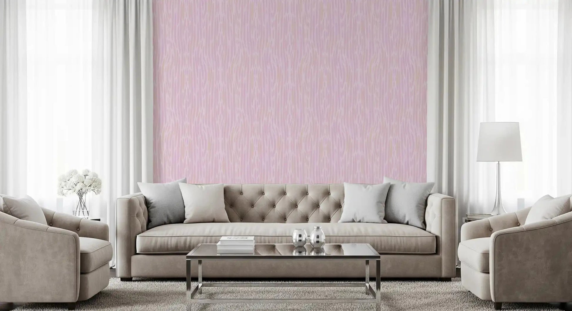 Vertical blush motion lifts the lounge area with Ethereal Blush Strokes wallpaper.GD9524