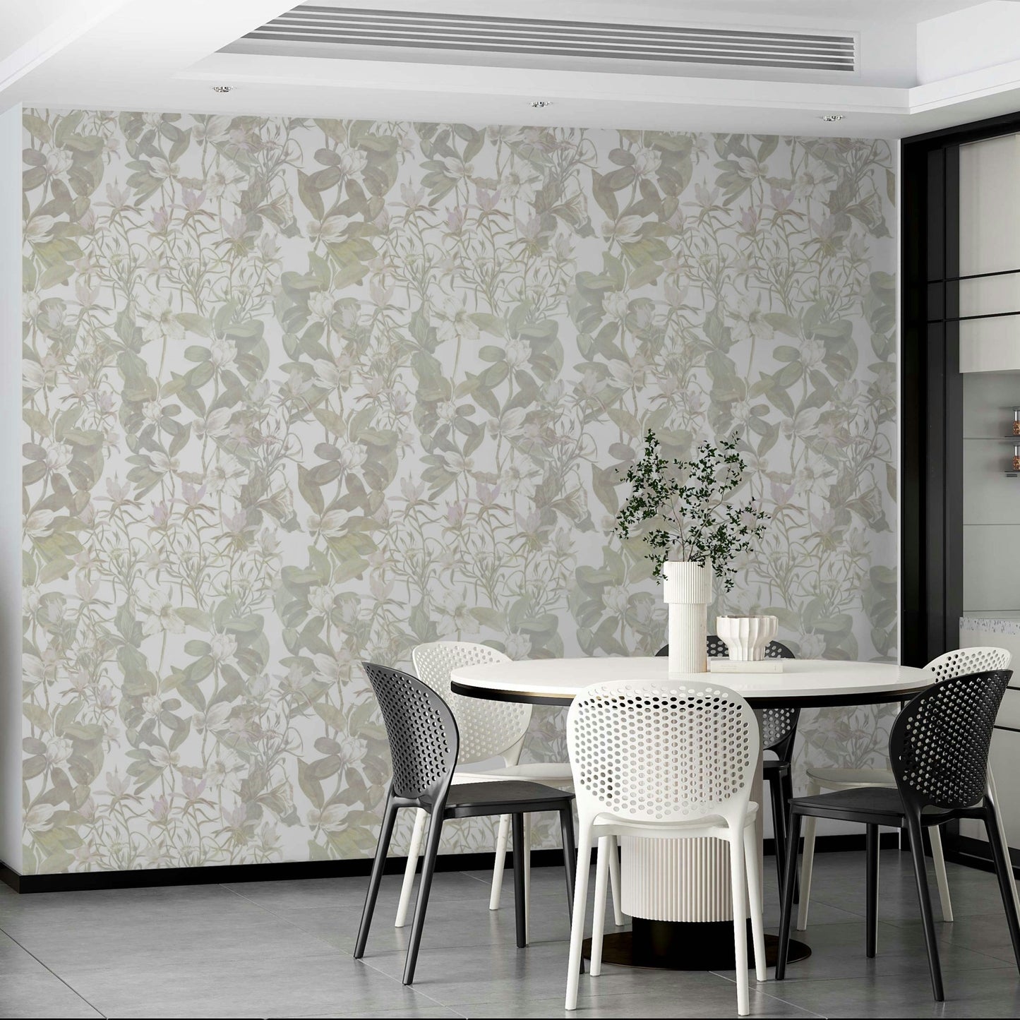 A minimalist home office with the ethereal wallpaper.

