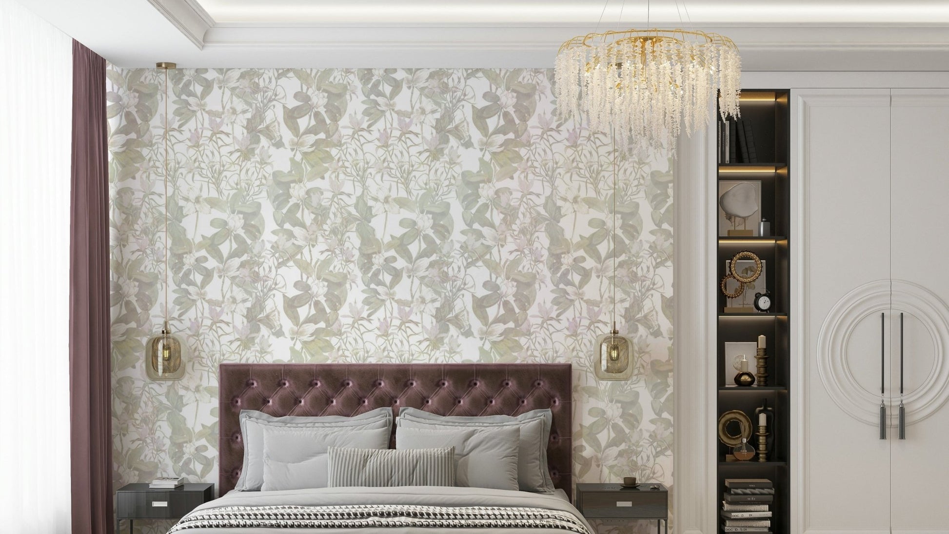 A bedroom with the ethereal mural behind the headboard.

