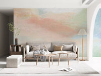 Ethereal Brushstroke Hues Wall Mural creates a soft focal point in a bright living room.