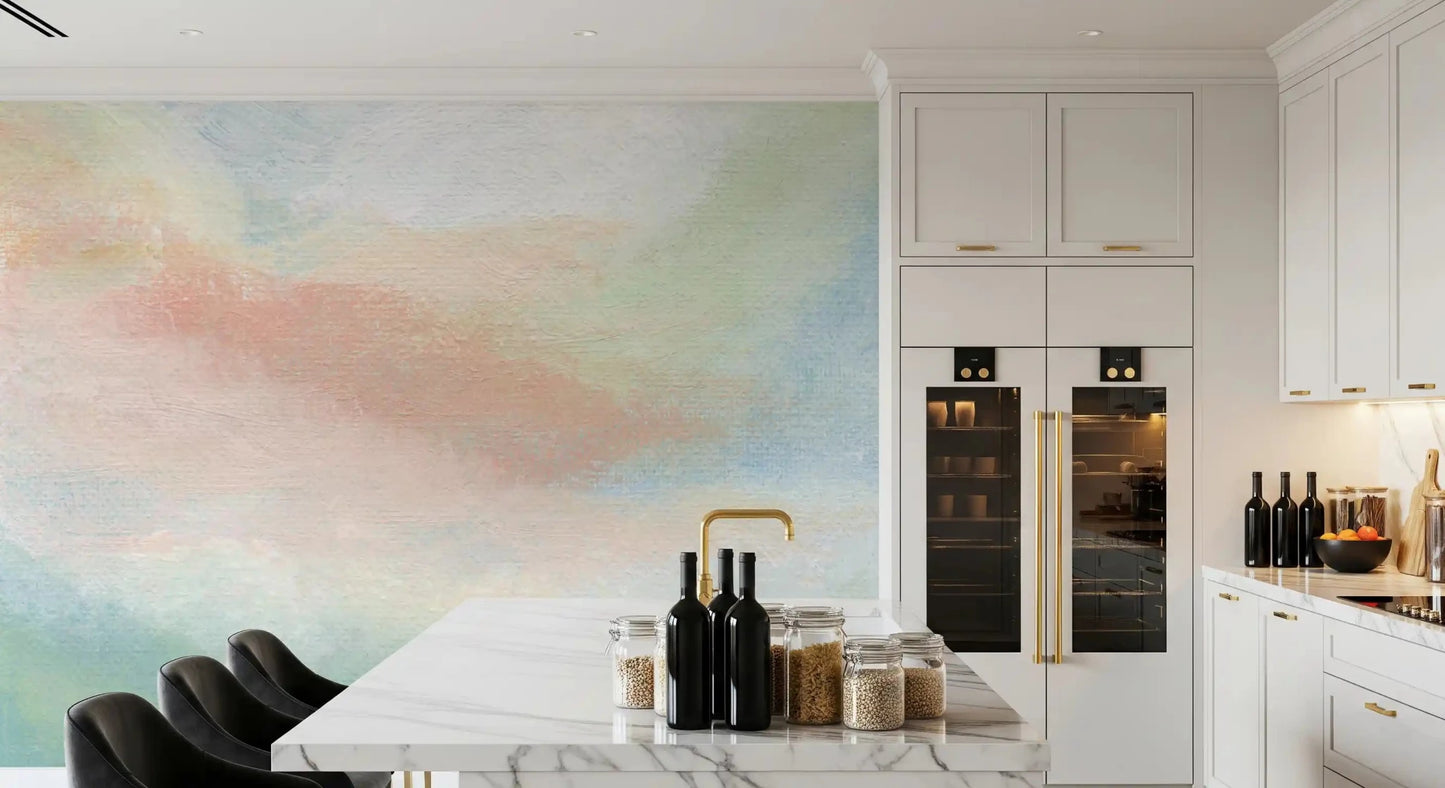 Light airy tones from the Ethereal Brushstroke Hues Wall Mural grace this kitchen.
