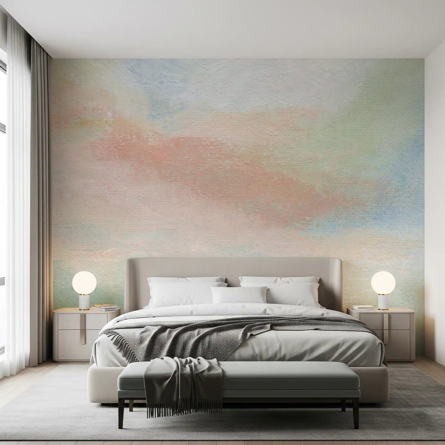 Calm pastel layers of the Ethereal Brushstroke Hues Wall Mural fill this bedroom space.