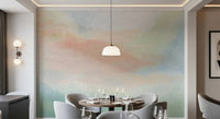 Ethereal Brushstroke Hues Wall Mural adds a painterly watercolor feel to a dining area.