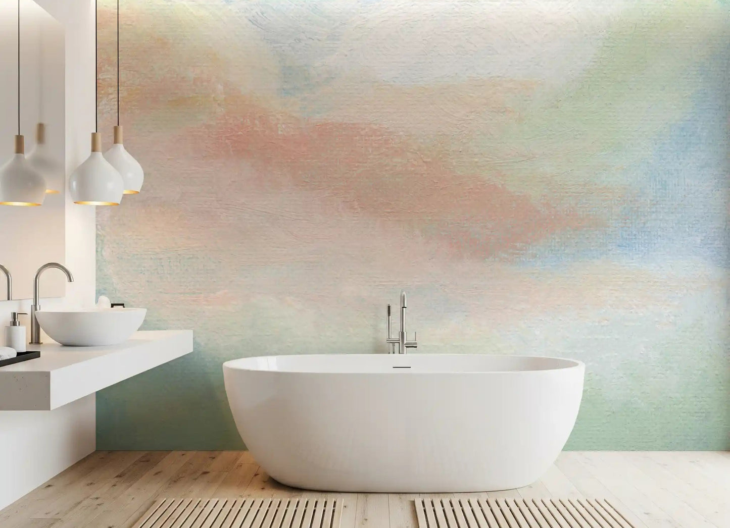 Ethereal Brushstroke Hues Wall Mural brings soft mint and peach to a bathroom .