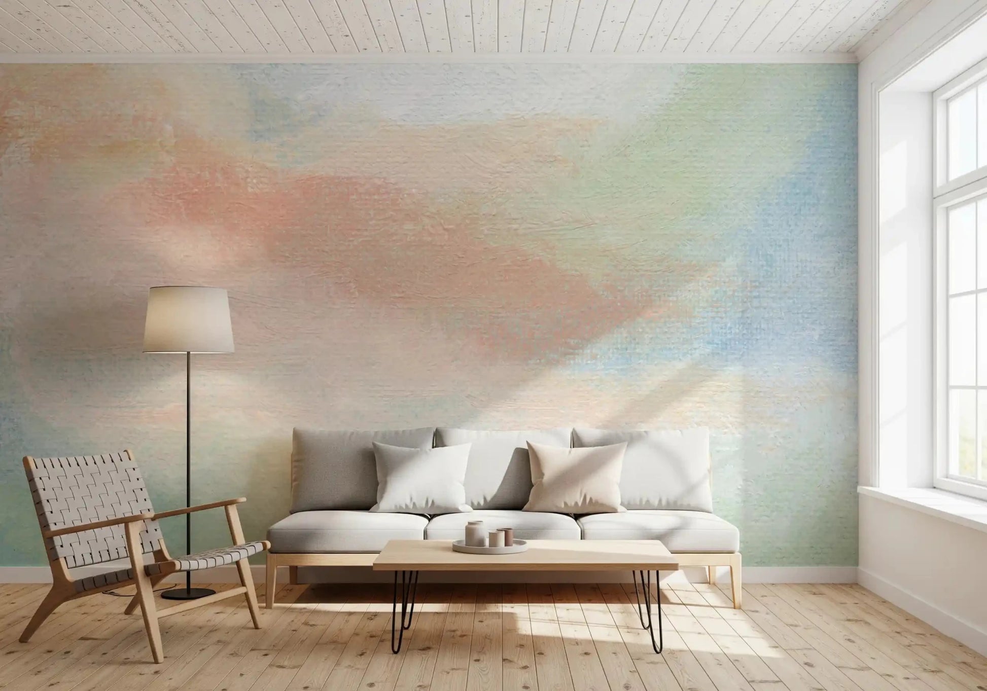 Misty watercolor strokes of Ethereal Brushstroke Hues Wall Mural suit this lounge space.