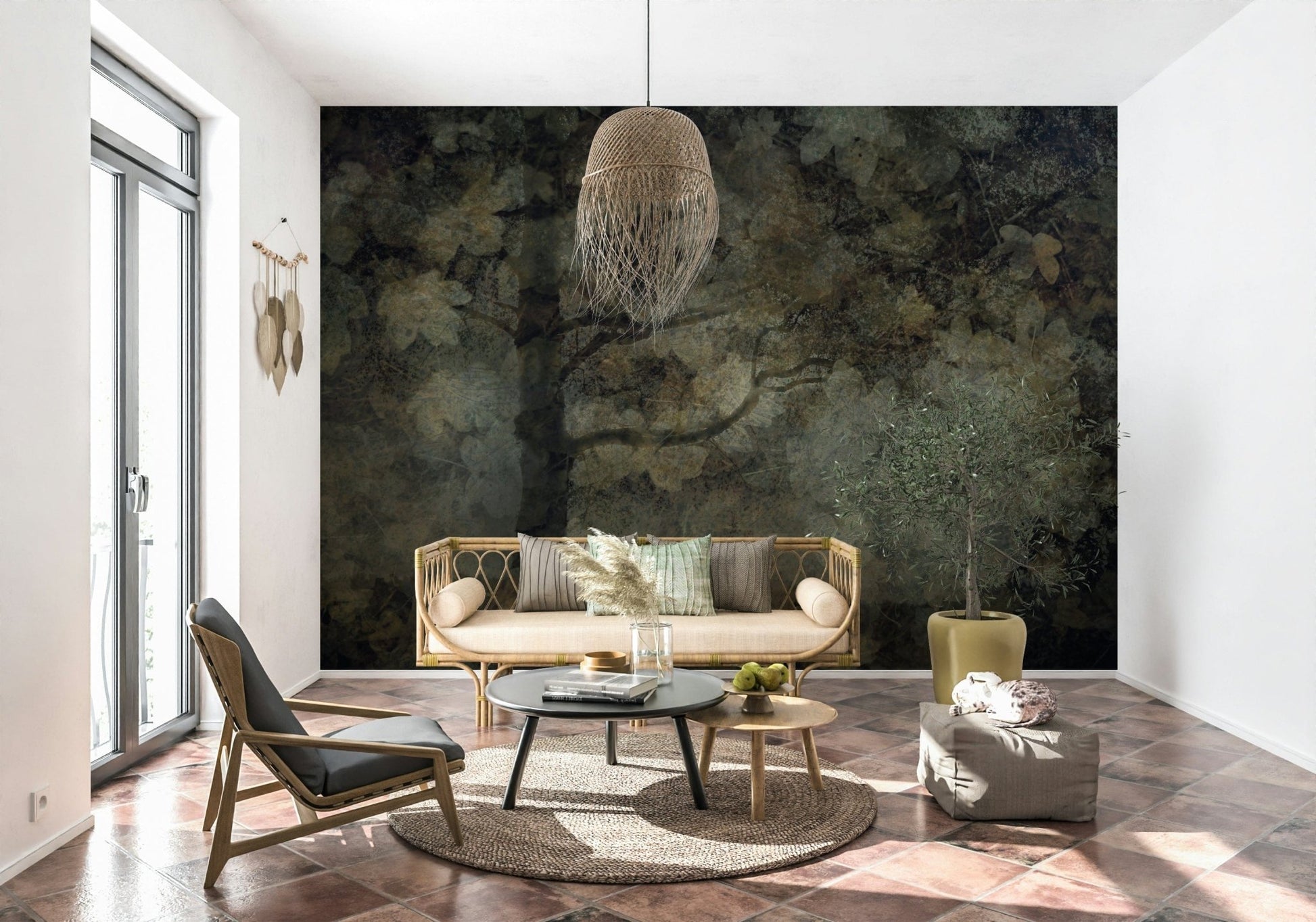 A serene subtle forest wall mural with soft, hazy light., GD5598