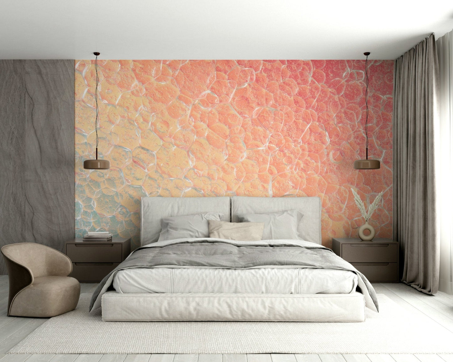 A graceful molecular design wall mural in soft tones.

