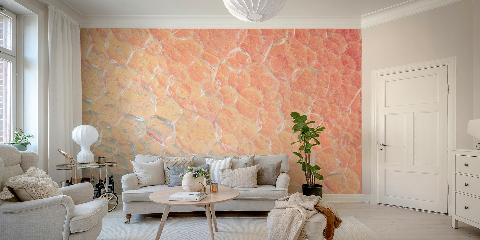 A calming ethereal cells wallpaper mural that defines a space.

