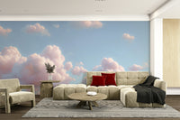 A peaceful open sky mural on decorative wallpaper.

