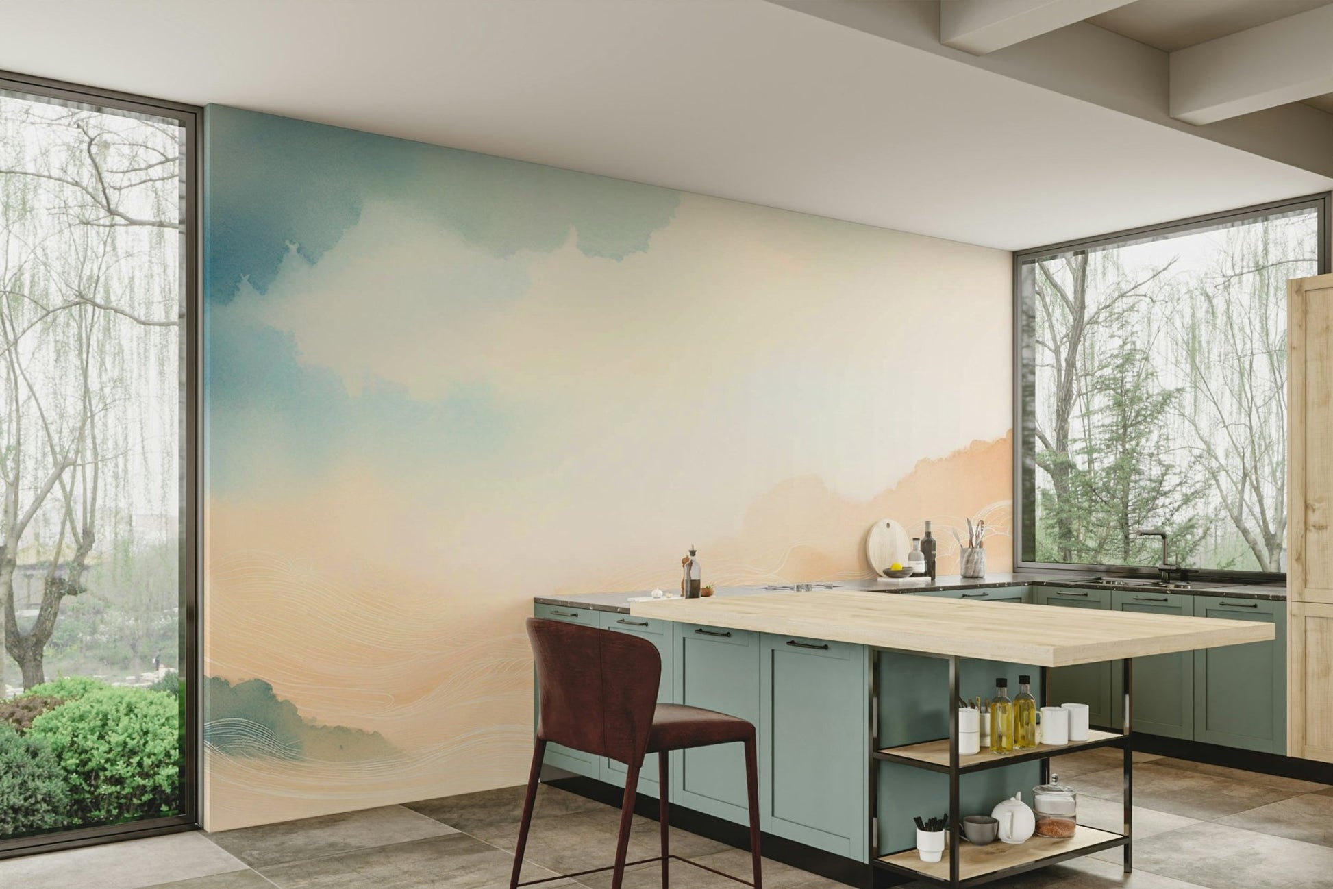 Horizon cloud mural for a calming, airy atmosphere.


