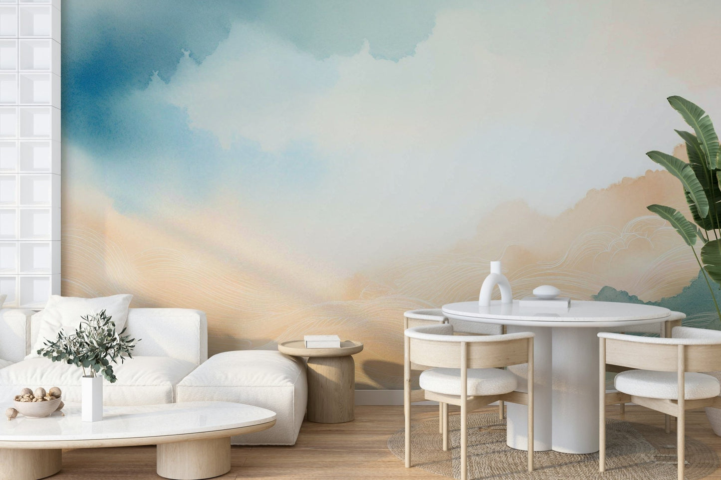 Dreamy cloudscape wall mural for serene spaces.

