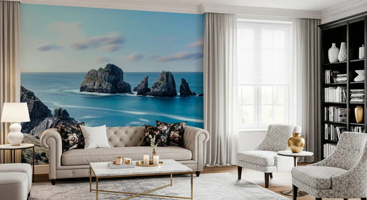 Ethereal Coastline Wall Mural featuring soft blue ocean waves in a bedroom