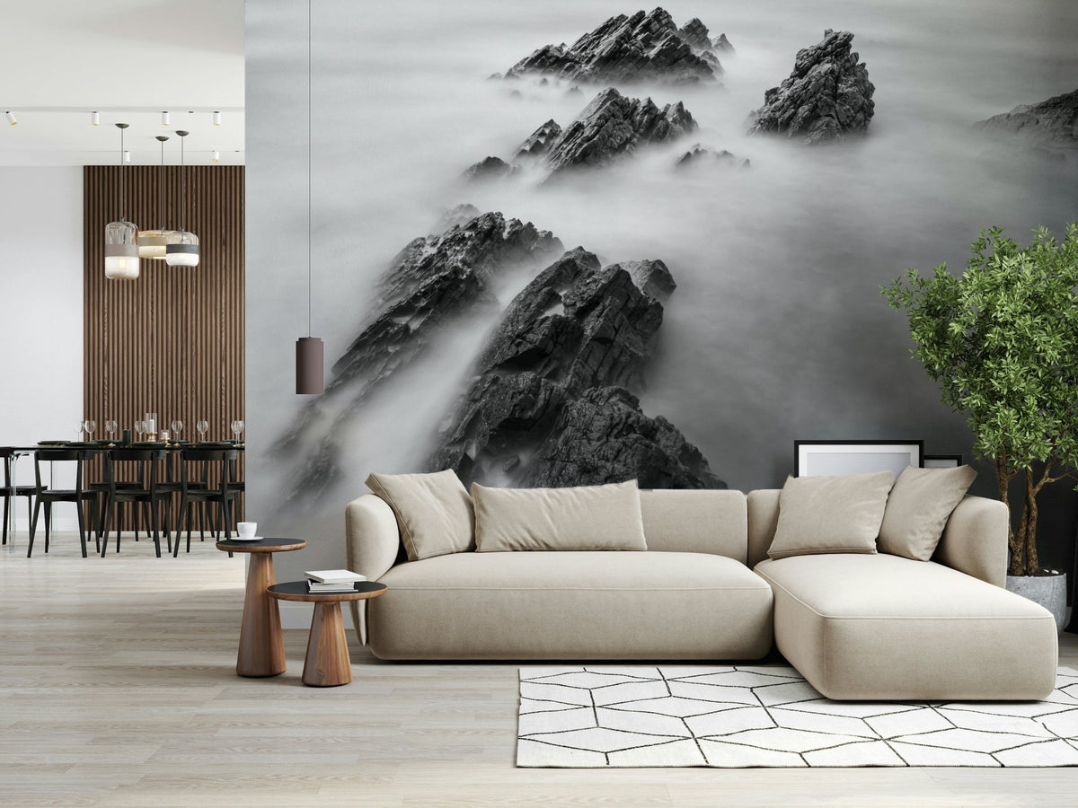A beautiful ethereal mountain wallpaper mural with soft, misty crags., GD5759