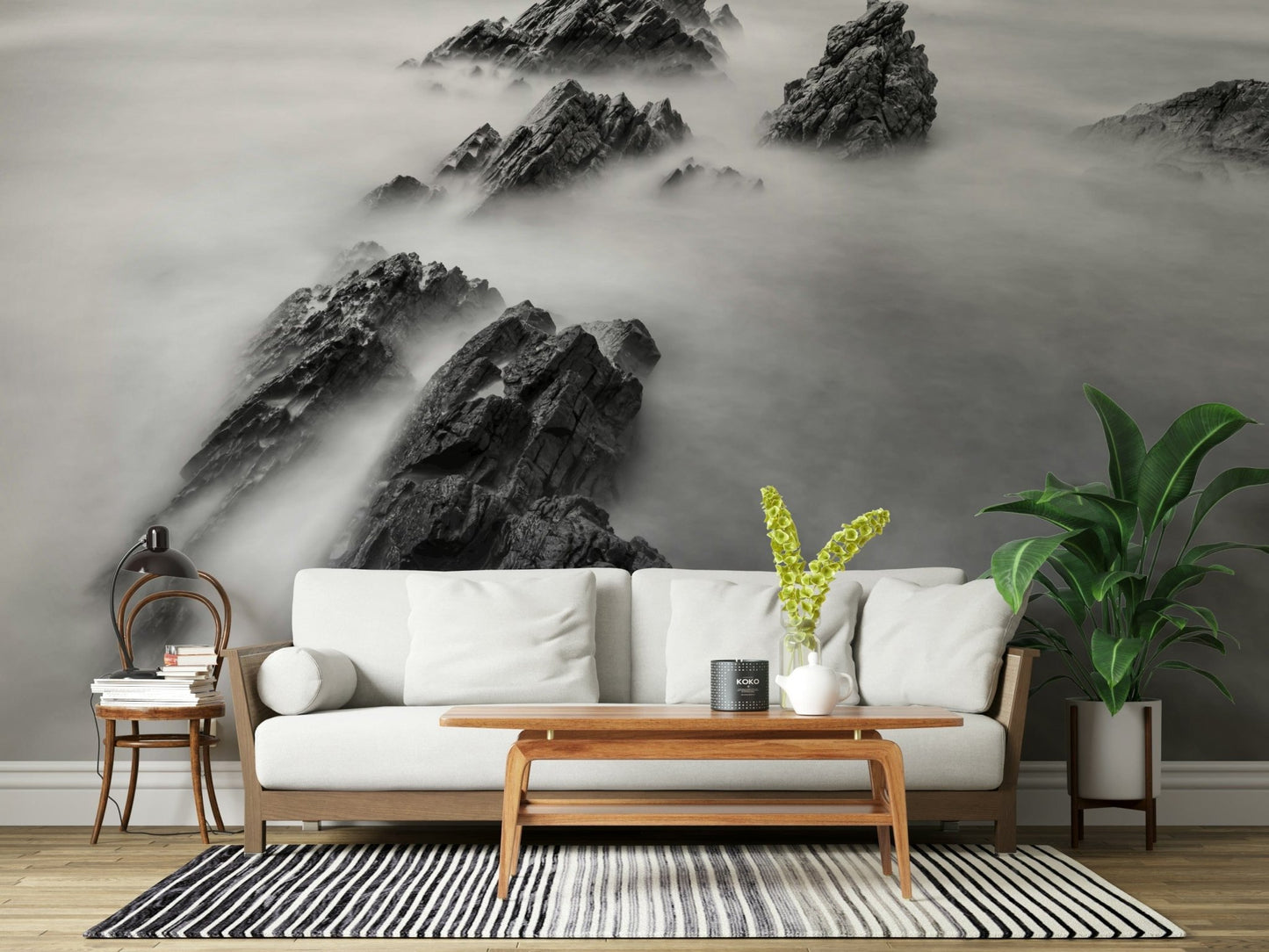 A calming serene view wallpaper mural that defines a space.