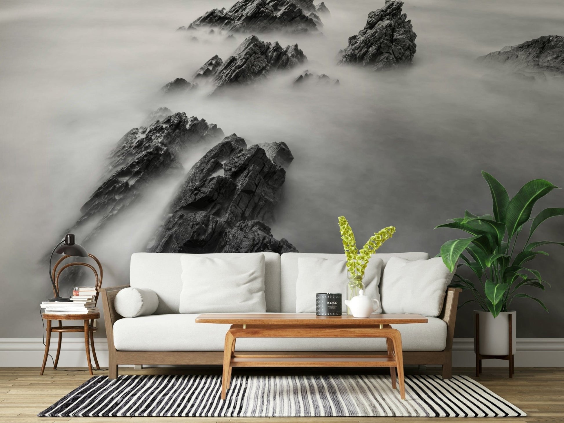 A calming serene view wallpaper mural that defines a space.