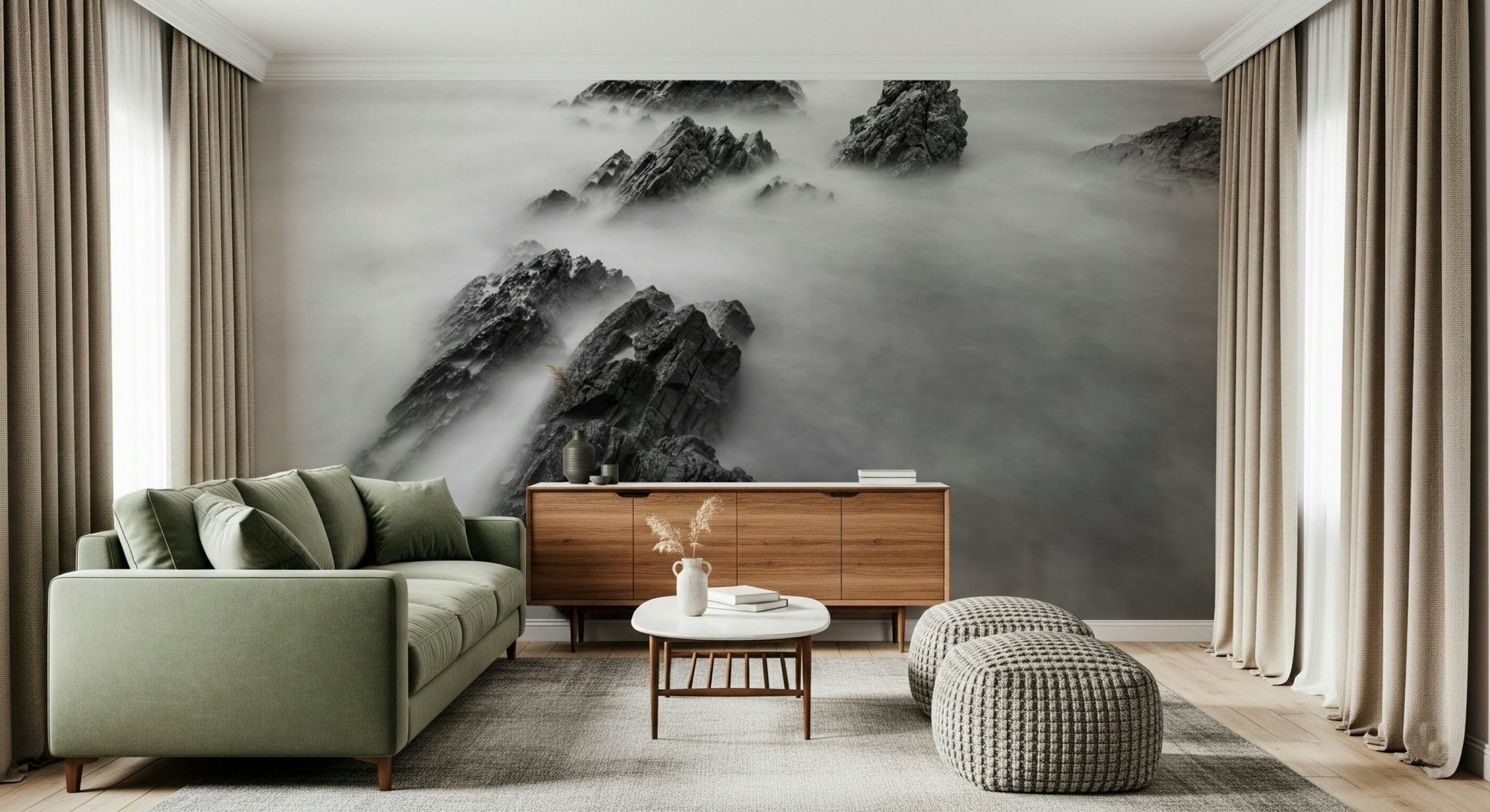 A beautiful wide-angle wall mural of a misty valley.