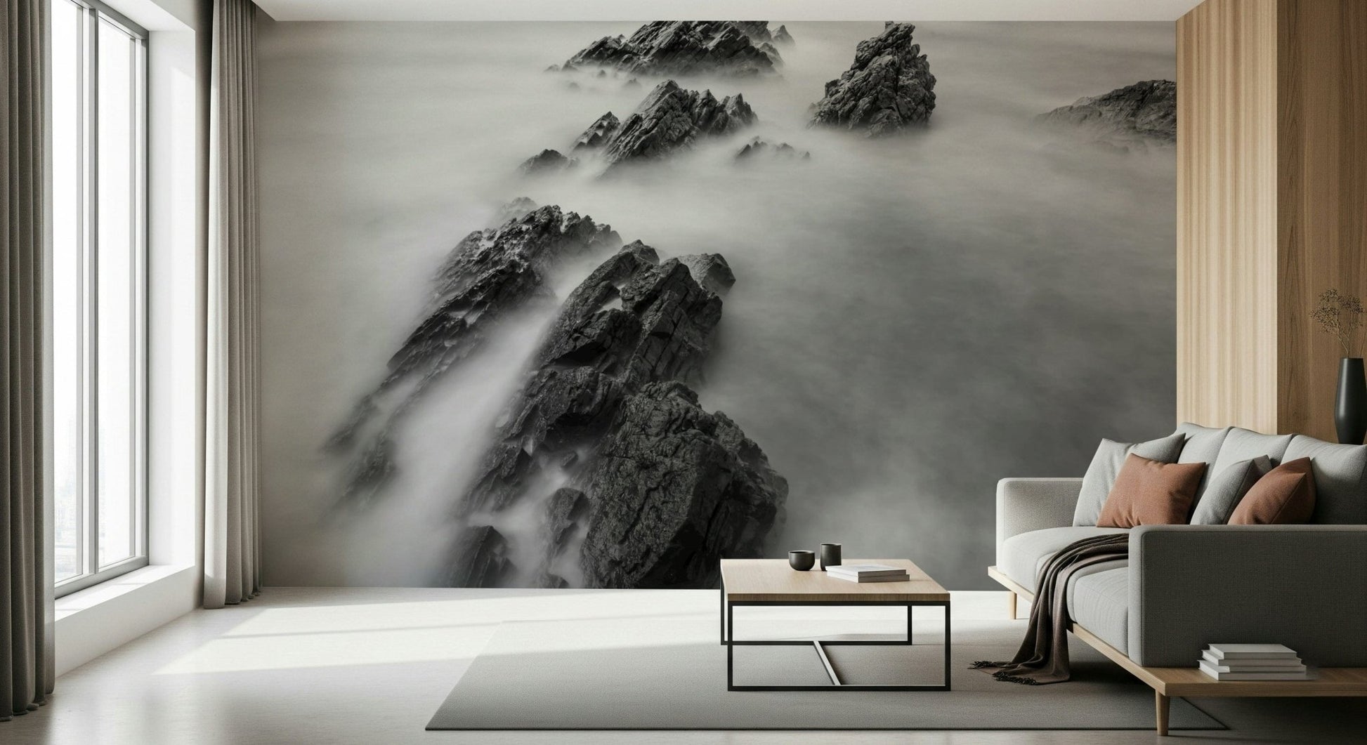 A graceful subtle light wall mural in cool, natural tones.