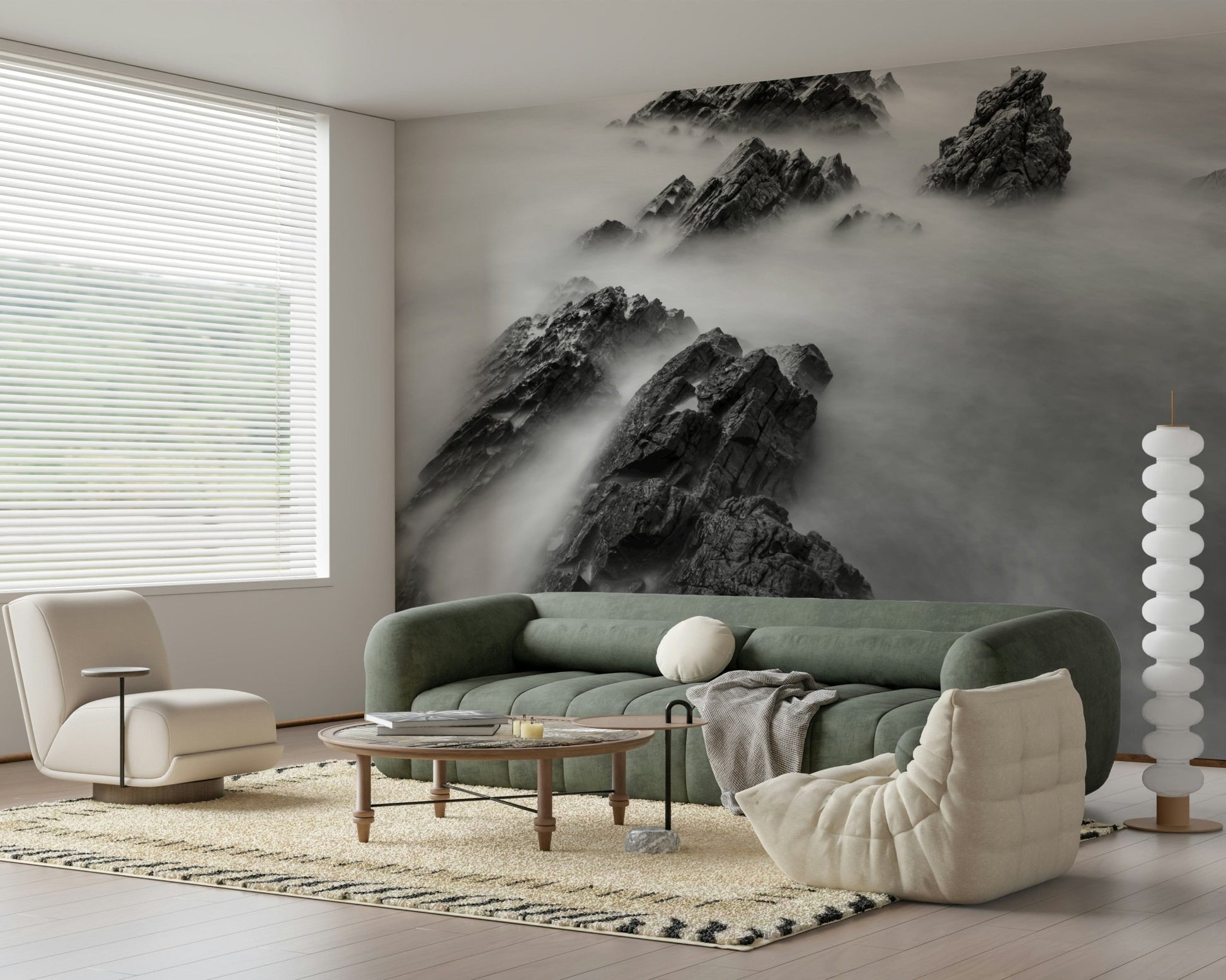 A contemplative gentle mountain wallpaper mural for a feature wall.