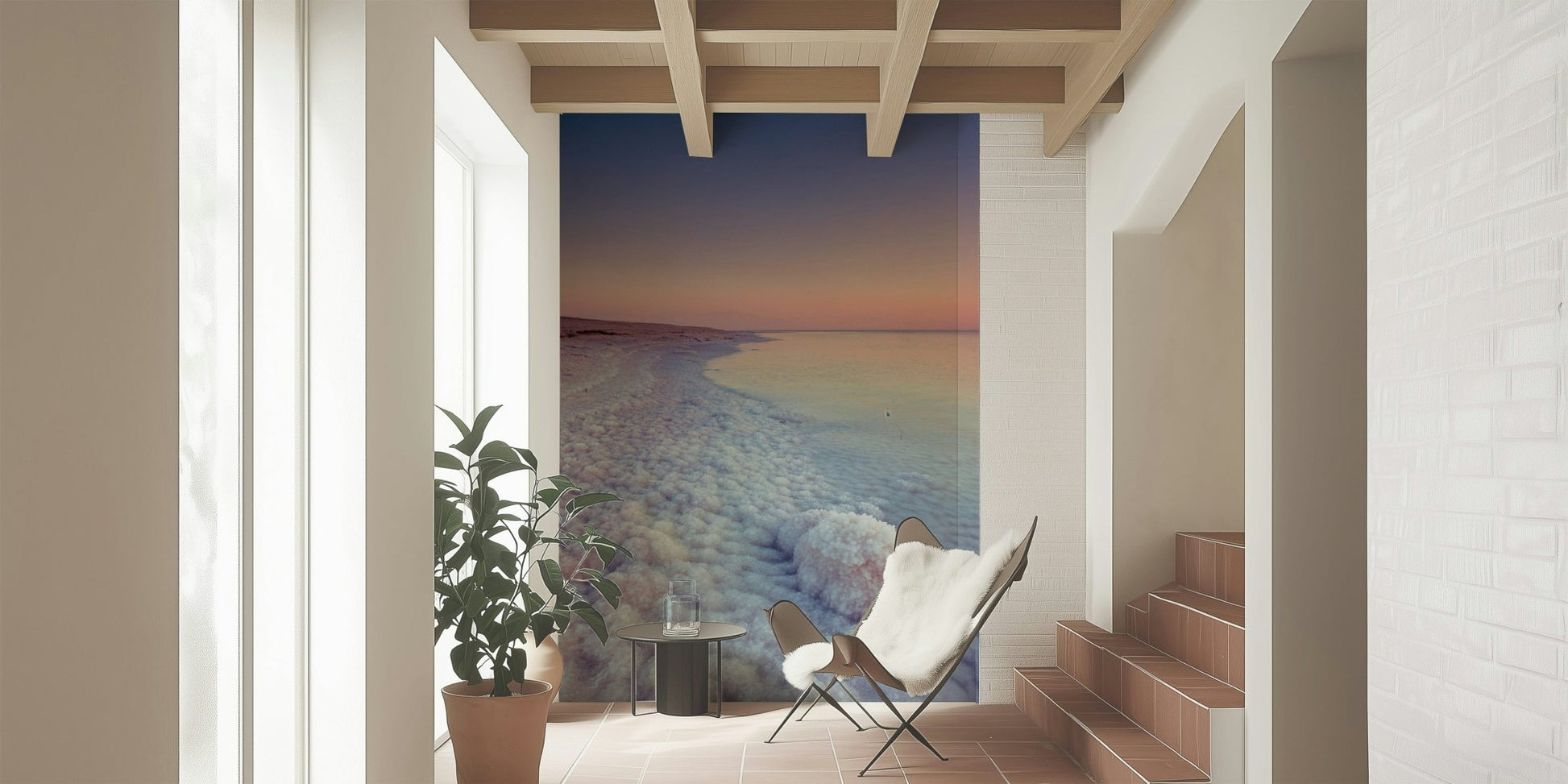 Pink and blue twilight sky over Dead Sea shore wallpaper.