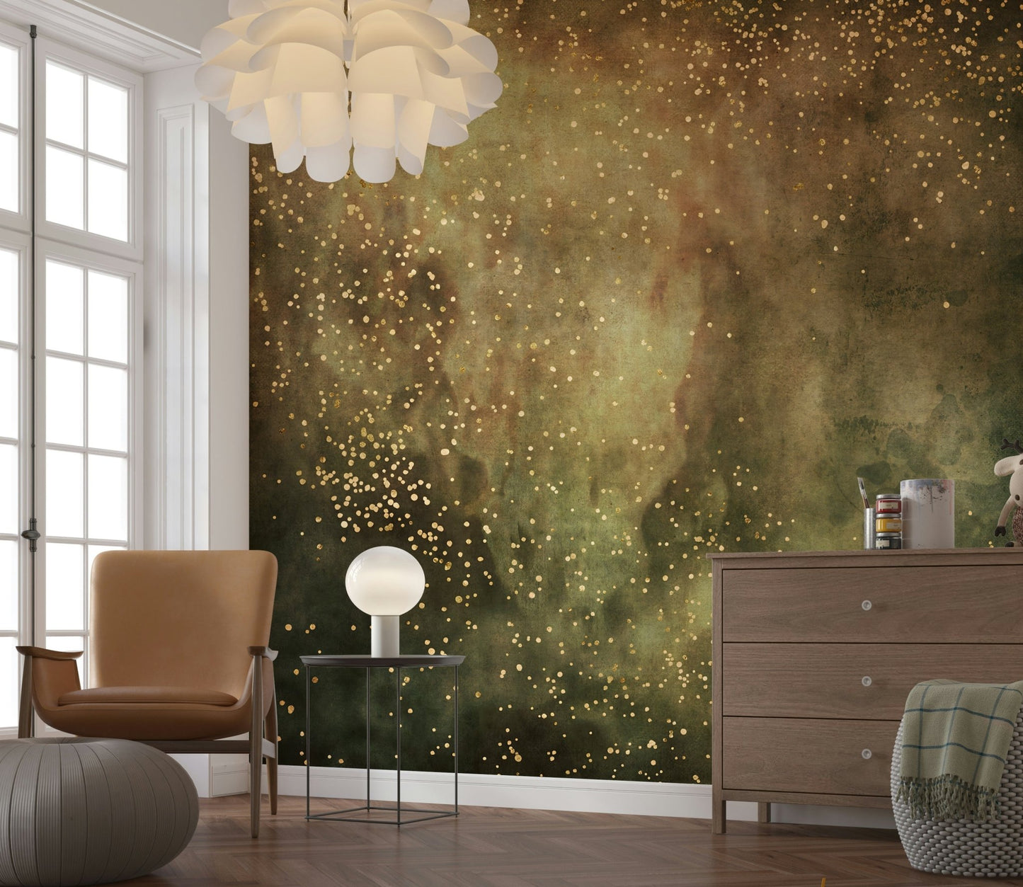 An artistic soft focus mural on minimalist wallpaper.
