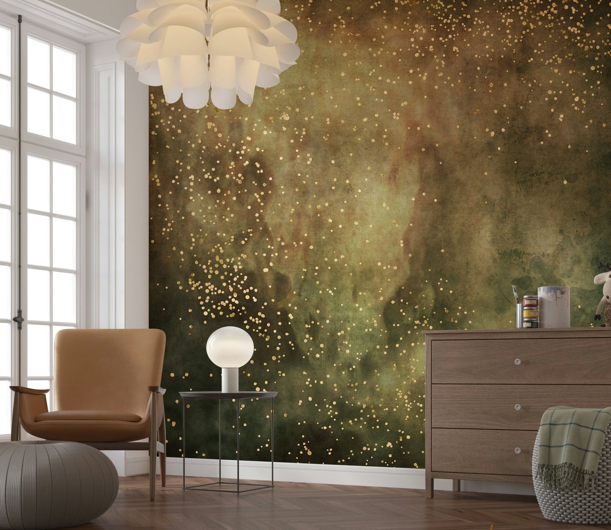 An artistic soft focus mural on minimalist wallpaper.