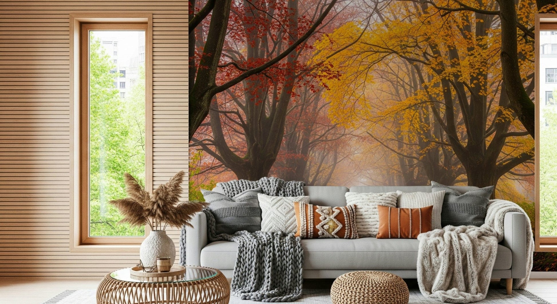 Scenic autumn wall mural with foggy pathway and trees