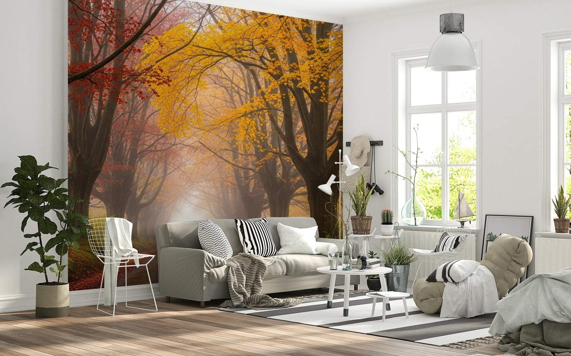 Ethereal Fall Road Wall Mural with misty woodland scenery