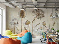An artistic delicate bloom mural on minimalist wallpaper.

