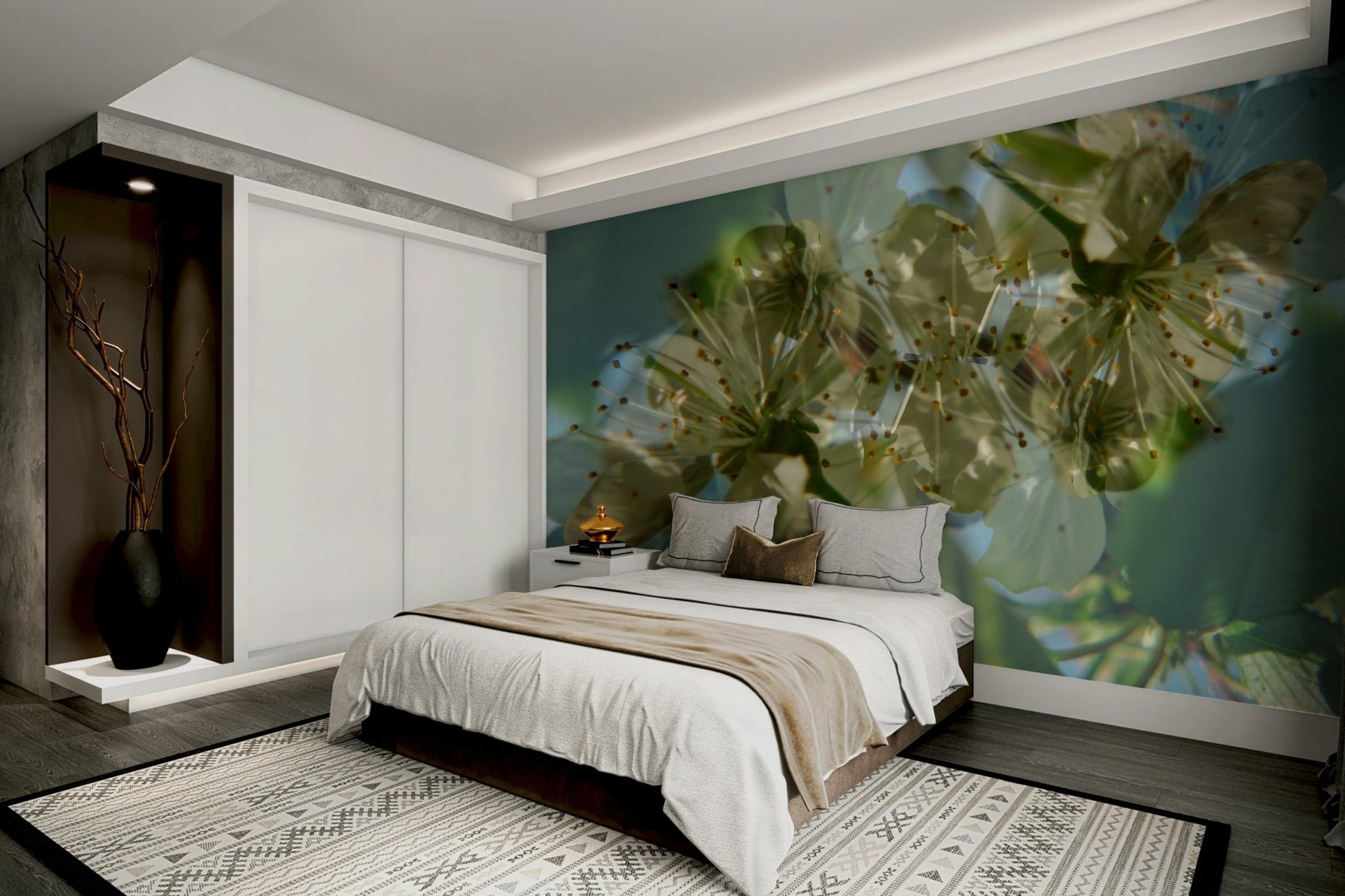 The room feels calm and serene due to the gentle artwork.

