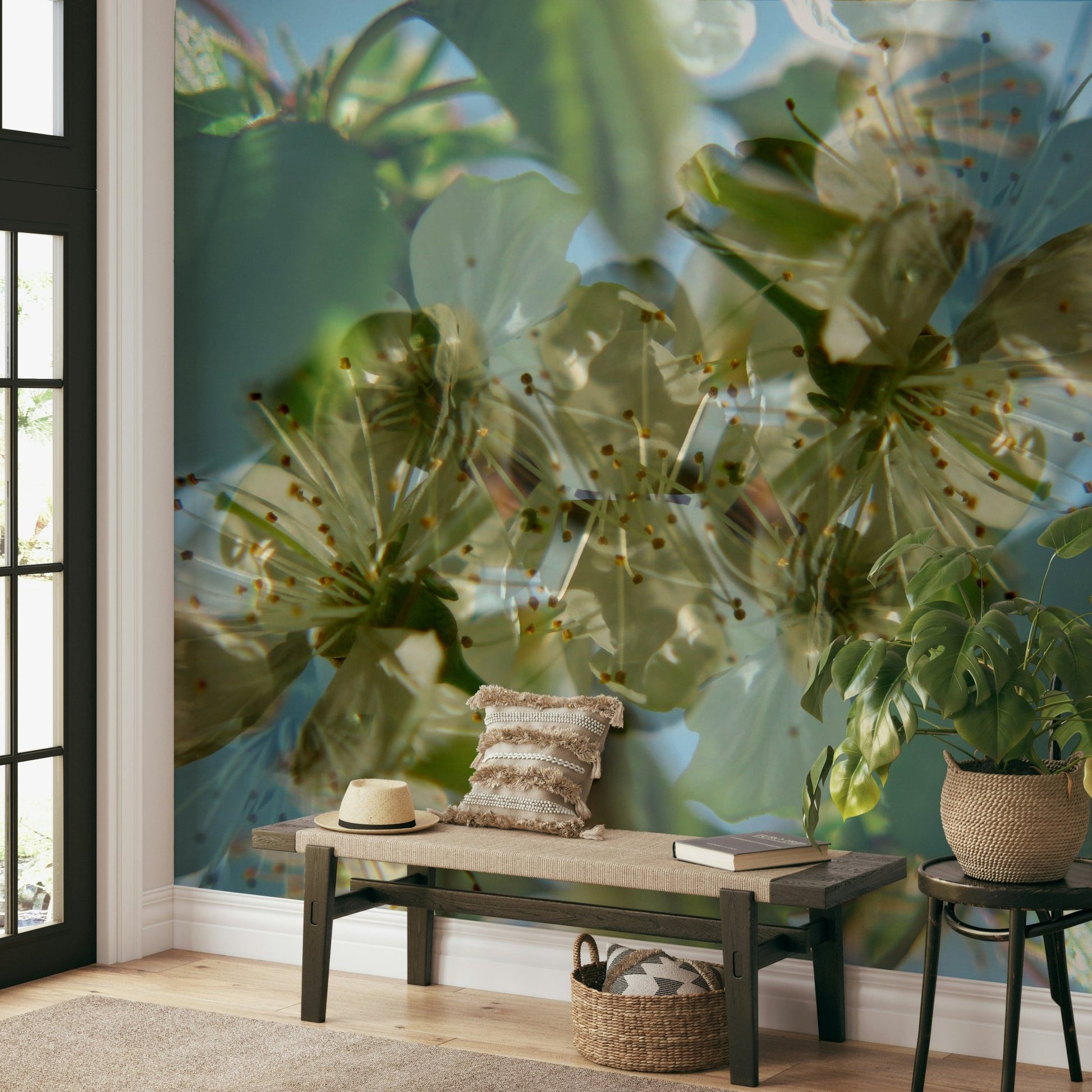 The wallpaper is applied seamlessly, making the whole wall a single piece of art.

