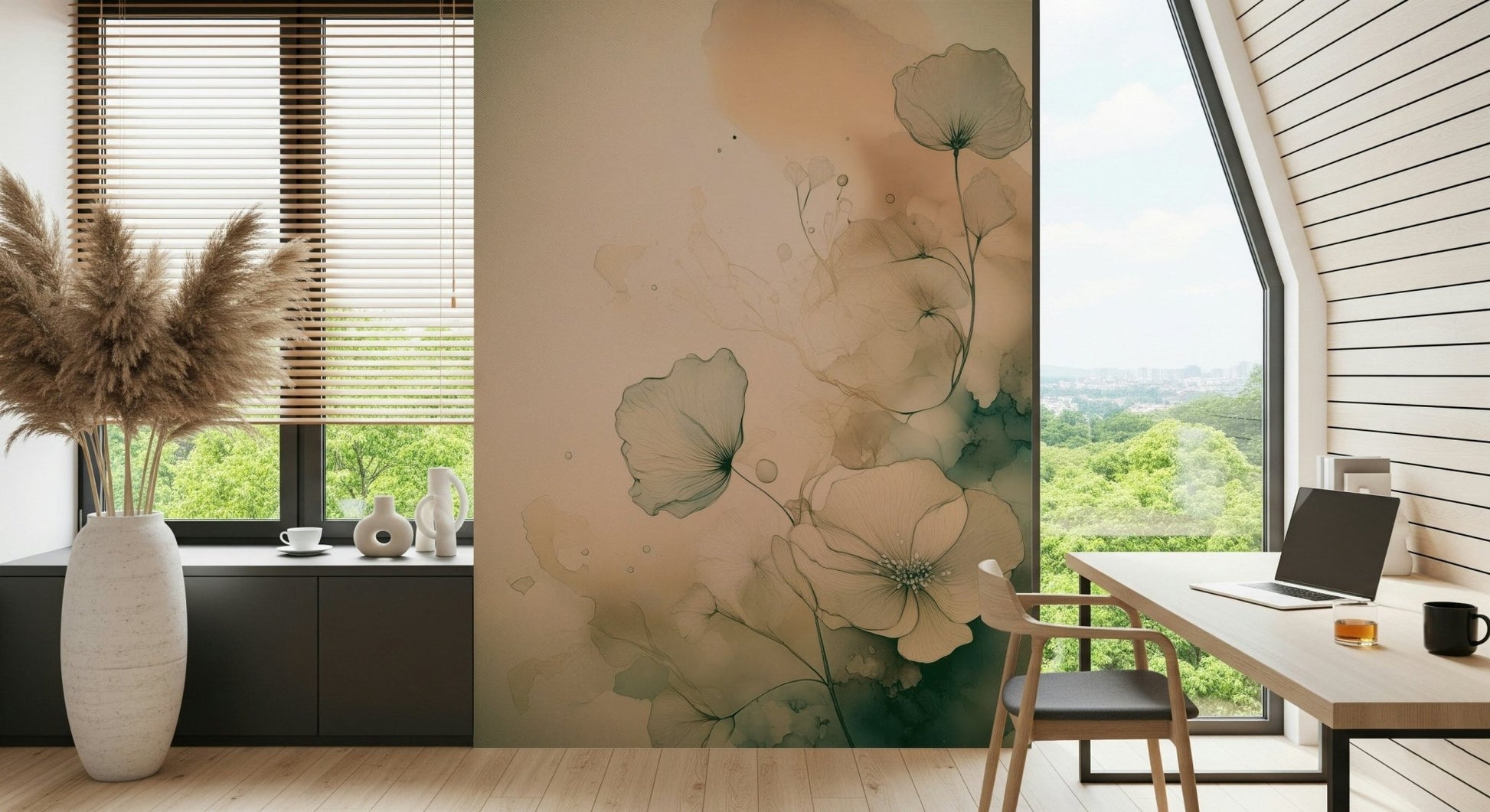 A contemporary office adorned with the Ethereal Floral Hues Wall Mural.