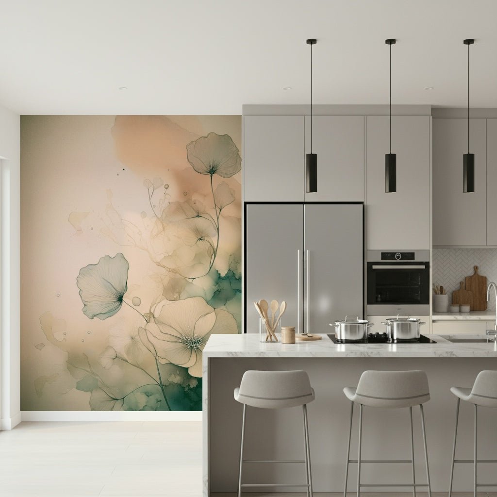 Stylish loft showcasing the fluid Ethereal Floral Hues Wall Mural.